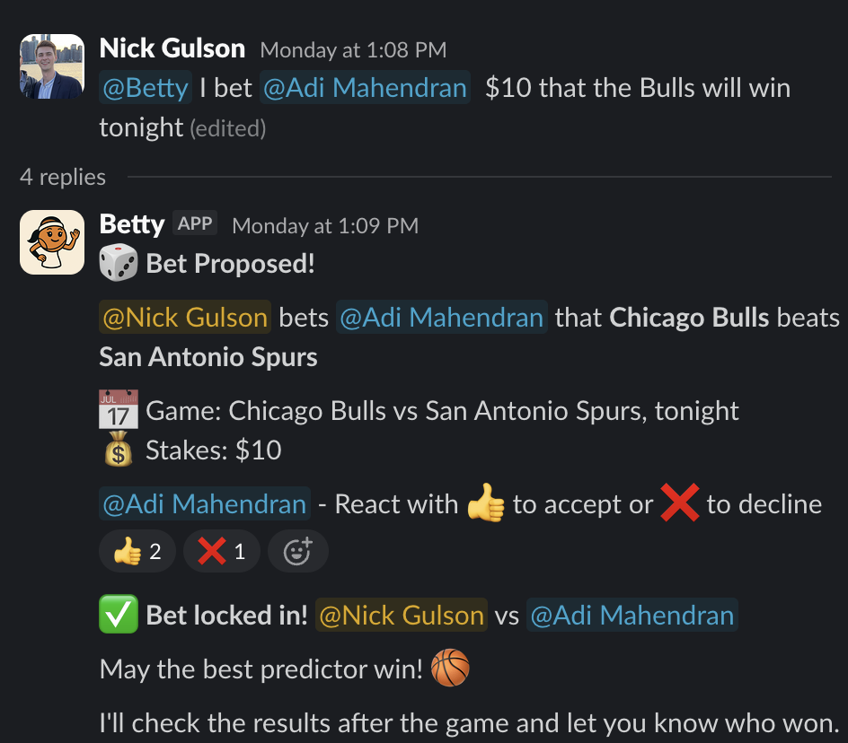 Betty proposing and confirming bet in Slack
