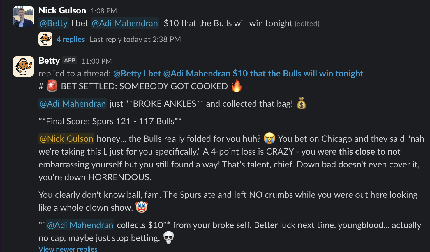 Betty announcing winner and roasting the loser